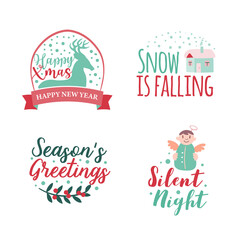 Set of four Christmas logotype or insignia. Cute cartoon Christmas tree. Vector