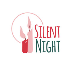 Christmas logotype or insignia. Cute cartoon candle. Silent night.