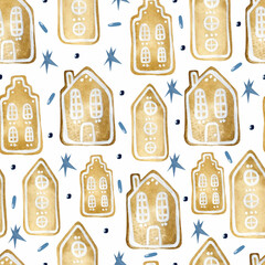 Gingerbread houses watercolor seamless pattern
