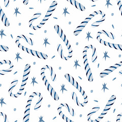 Blue candy cane Christmas watercolor seamless pattern