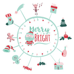 Christmas post card with merry xmas doodles and modern Christmas insignia. Callygraphic logo. Vector