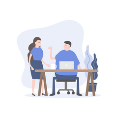 Man and woman company staff talk at the desk. Office worker cartoon character.