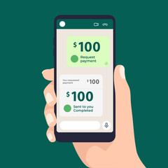 Chat money payment. Pay via mobile app. Sending and receiving money. Sending a message for payment.