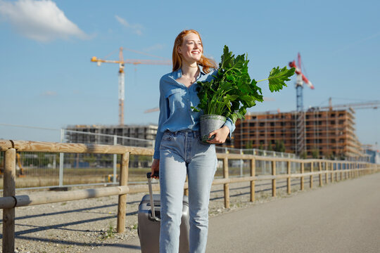 Smiling woman with potted plant and luggage walking during sunny day