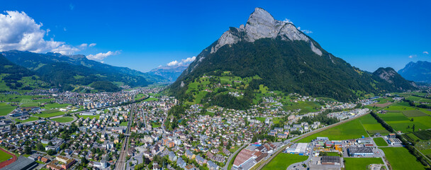 Aerial view around the city Sargans in Switzerland on a sunny morning day in summer.