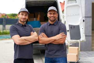 Smiling male delivery persons with arms crossed near van