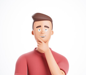 Happy cartoon man smiling and touch chin, dreaming planning think about success isolated over white background.