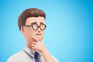 Portrait handsome cartoon businessman in glasses touch chin and dream about success, make choice over blue background.