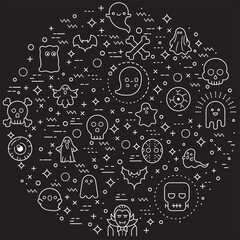 Simple Set of Ghost and Halloween Related Vector Line Illustration. Contains such Icons as Skeleton, Eyeball, spook, alien, boo, spirit, phantom, spook and Other Elements.