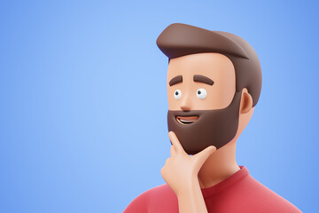 Portrait of happy cartoon man touch chin and dreaming or make decision over blue background.