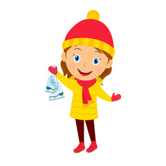 cute cartoon girl standing and holding ice skating