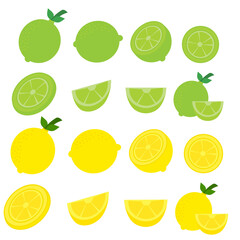 Set of green and yellow citrus fruits.Lime fruits with slices.Collection of lemons and leaves.a whole, half and a piece.Sign, symbol, icon or logo isolated.Cartoon vector illustration.Flat design.