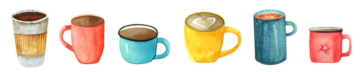 Hand-drawn watercolor large set with cups. Different cups with hot drinks isolated on white background. Coffee to go, metal and ceramic mugs.
