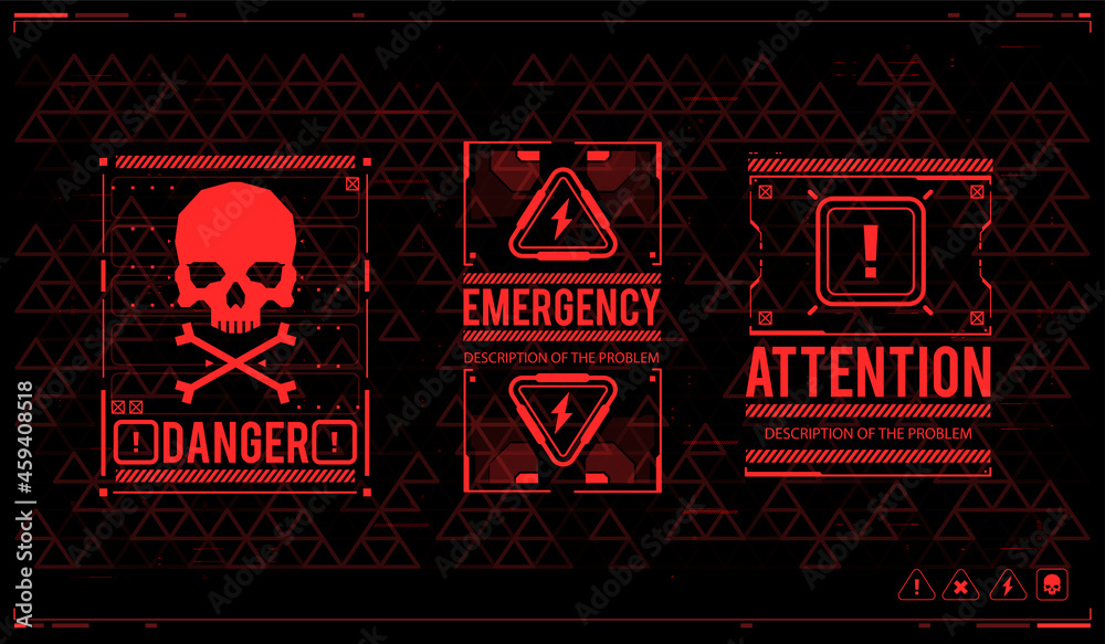 Poster Caution futuristic ski-fi UI design elements in modern technology style. Warning and alert attention signs. Conceptual Layout with HUD elements. Lettering with futuristic user interface elements.