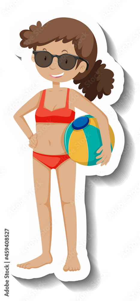 Poster A girl wearing red bikini and holding beach ball