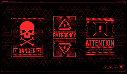 Caution futuristic ski-fi UI design elements in modern technology style. Warning and alert attention signs. Conceptual Layout with HUD elements. Lettering with futuristic user interface elements. - obrazy, fototapety, plakaty