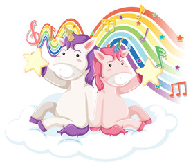 Two unicorns with melody symbols on rainbow