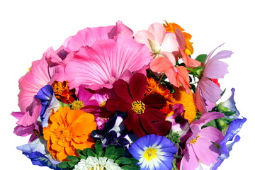 A bouquet of beautiful bright summer flowers stands on a white background.