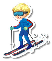 Sticker design with a boy riding ski cartoon character