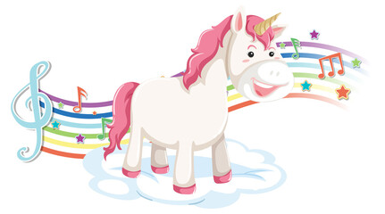 Fototapeta premium Cute unicorn standing on the cloud with melody symbols on rainbow