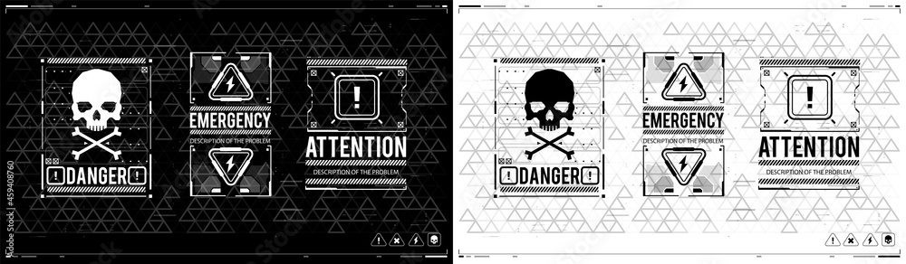 Poster Caution futuristic ski-fi UI design elements in modern technology style. Warning and alert attention signs. Lettering with futuristic user interface elements. Conceptual Layout with HUD elements.
