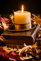 Old book with candle and autumn leaves in vintage style