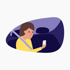 Woman sitting on the back seat of car and using smartphone.