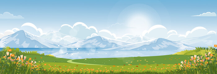 Spring landscape in city park in the morning, Natural public park with river, flowers blooming in the garden, Peaceful scene of green fields with lake and blue sky, cloudy in sunny day summer.