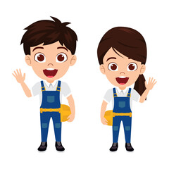 Fototapeta premium Happy cute Kid construction worker standing and posing
