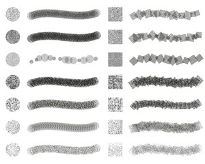 Set of 14 round and square scatter brushes + editable templates vector in noise grunge pattern. Created using AI CS6.