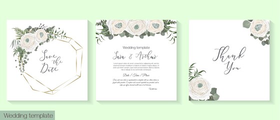 Vector floral template for wedding invitations. White roses, ranunculus, green plants and flowers, berries