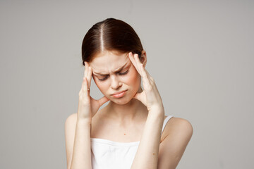 woman headache health problems stress isolated background