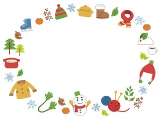 冬の手描きイラスト素材の円フレーム枠01