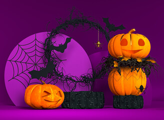 Naklejka na ściany i meble Halloween dark purple background, pumpkin jack head, cobweb, branches, bat, puff, pedestal, 3d rendering