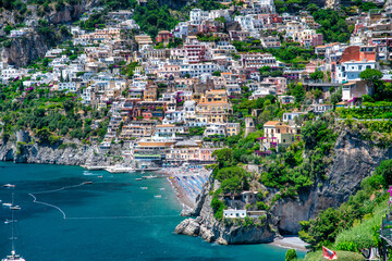 Aerial view of Positano in summer season, Amalfi coast, Italy.