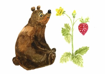 watercolor illustration of a kind brown bear sitting and sniffing a strawberry flower isolated on a white background