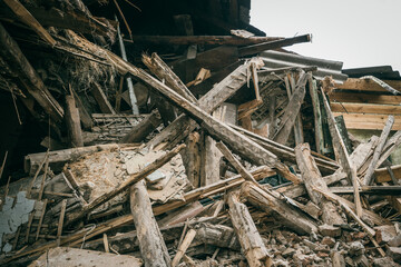 Old ruined building close up. Dismantling of house or after disaster.