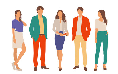 Obraz premium Set of young men and women, different colors, cartoon character, group of silhouettes of standing business people, students, the design concept of flat icon, isolated on white background