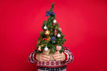 Photo portrait man hiding face behind small xmas tree isolated vibrant red color background