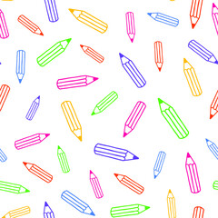 Seamless pattern of hand drawing pensils. Colorful cute doodle pencil on white background. Back to school art. 