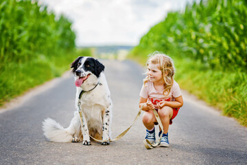 Cute little preschool girl going for a walk with family dog in nature. Happy smiling child having fun with dog, run and hugging. Happy family outdoors. Friendship and love between animal and kids