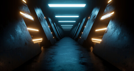 3d rendering dark metal corridor with blue and yellow neon light.