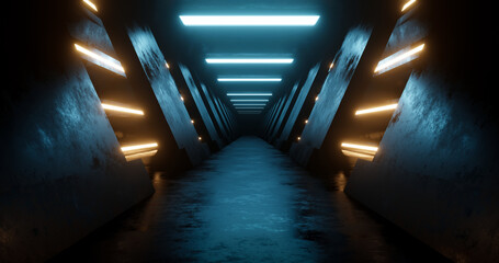 3d rendering dark metal corridor with blue and yellow neon light. © pprothien