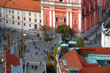 Aerial view of central Ljubljana, Slovenia during autumn.