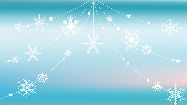 Abstract winter blue and turquoise horizontal background for design. Snowflake threads and snow curtains on smooth satin vector gradient. With pink highlights