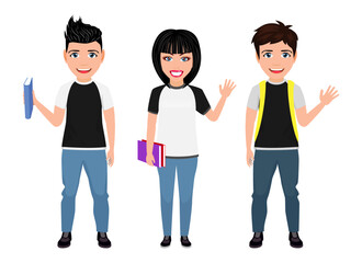 Fototapeta premium Happy cute boy and girl student characters standing together with books and file