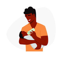 Young black skin father feeding  the baby with milk from a bottle. Father's day clip art, postcard, banner. Fatherhood.  Vector illustration in flat style.