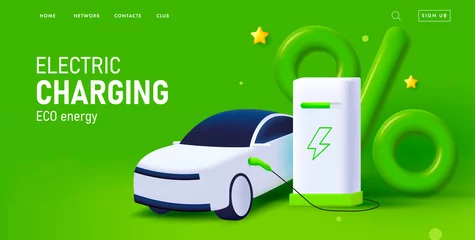 Tuinposter Electric car charging, 3d illustration of charging equipment and auto with green percent sign, advertising web banner © marynaionova