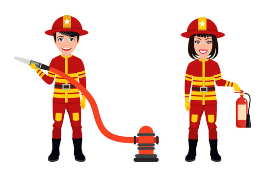Happy cute fireman and firewoman characters standing together with water pipe