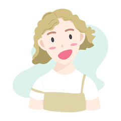 The face of a golden-haired girl wearing a yellow bib and a white undershirt was smiling brightly , isolated on white background ,  Flat cartoon flat style. illustration Vector EPS 10